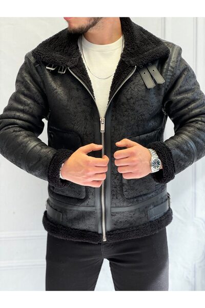 Oliggopol Men's Black Full Fur Napa Leather Coat