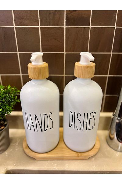 Levn Home Lotion Σετ 2 Λευκών Διανομέων Υγρού Σαπουνιού Κουζίνας 500ml+ 500ml με Δίσκο Μπαμπού