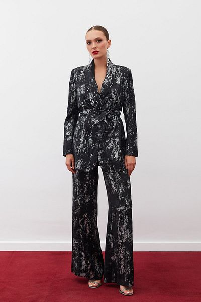 Sateen Jachetă lungă cu curea cu model strălucitor - NEGRU-ARGINTIU
