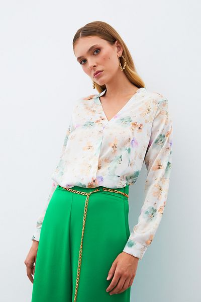 Sateen Patterned Double Breasted Blouse - Green