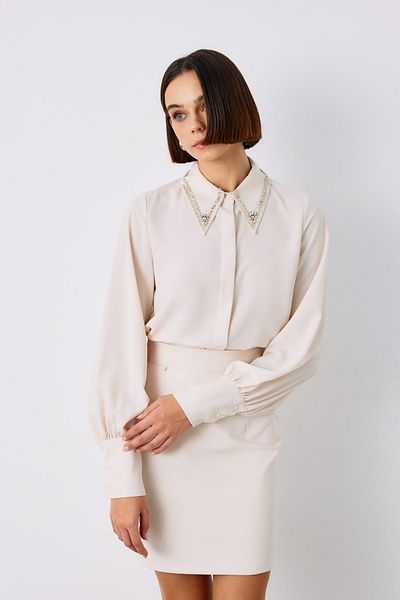Sateen Cămașă cu guler brodat de culoare BEIGE