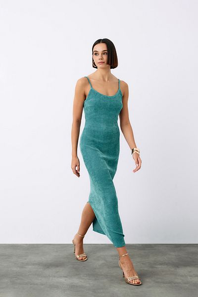 Sateen فستان ميدي مخملي بأشرطة - MINT