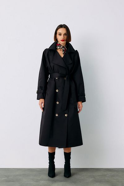 Sateen Trenci lung negru - cu centură