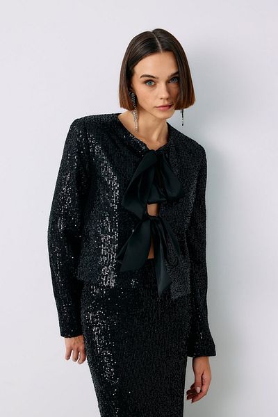 Sateen Front Belted Sequined Short Jacket - Black