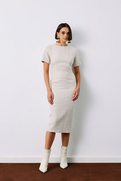 Sateen Beige Silvery Short Sleeve Dress