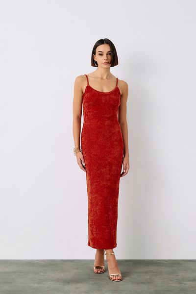 Sateen Crimson Color Midi Strap Velvet Dress