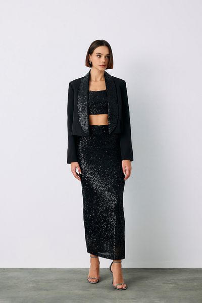 Sateen Sequined Midi Skirt - Black