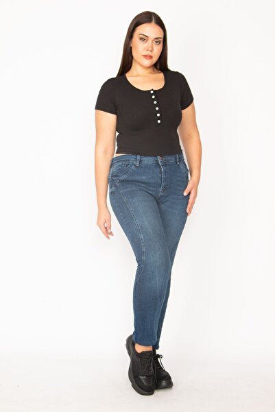 Şans Women's Large Size Navy Blue Side Seam Detailed Washed Effect 5 Pocket Jeans 65n29559