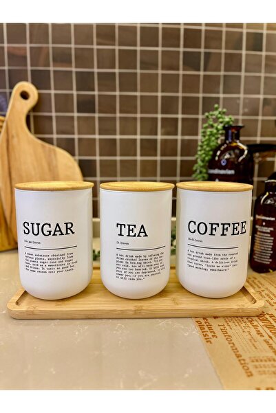 Levn Home 3lü Bambu Kapaklı Dictionary Sözlük Hasır Çay/Kahve/Şeker Kavanozu