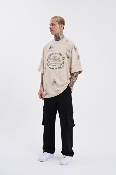Machinist Light Beige Men's Oversize Flowers T-Shirt