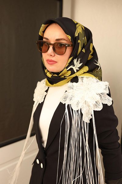 Silk Home Black Green Floral Print Tivil Silk Scarf-11441-34-Kvs0427