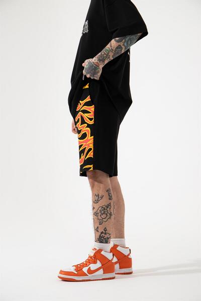 Machinist Men's Flame Printed Relaxed Black Shorts