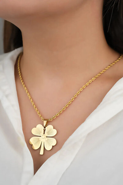 Tilde Çelik Burgu Zincirli Yonca Kolye, Altın Yonca Kolye, Kararmaz Dört Yapr...