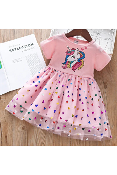 Choice فستان أطفال بناتي بأكمام قصيرة بتصميم يونيكورن مزين بالترتر، مقاس 5T، موديل F16451P، فستان أميرة للأطفال