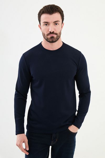 Mcr Patterned Slim Fit Crew Neck Long Sleeve Men's T-Shirt Navy Blue - 36841.24K