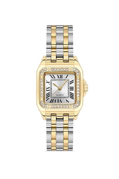 ÇENÇEN Unisex Gold Rose Cartier Model Kare Ekran Tasli Kasa Kadin Kol Saati