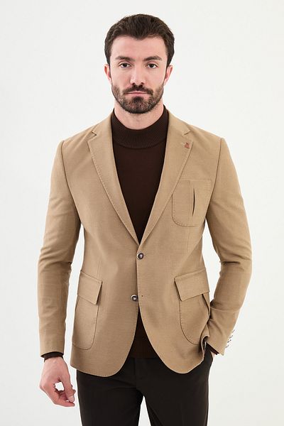Mcr Striped Slim Fit Pocket Mono Collar Men's Jacket Beige - 41416.24K