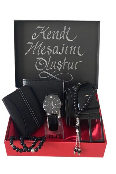 GulShop Öğretmenler Günü Kol Saati Seti Siyah Saat Tesbih Deri Cüzdan Kemer Kredi Kartlık 2 Bileklik