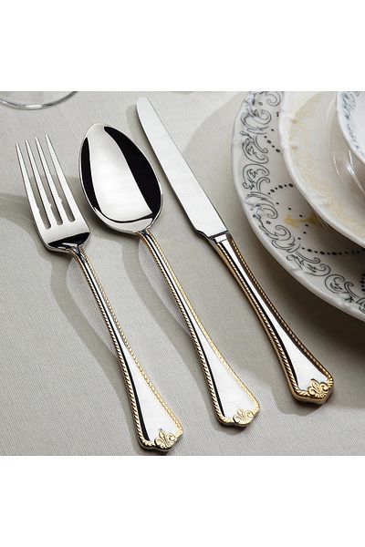Nehir Fulya 24 Carat Plain Gold Plated 89 Piece Fork Spoon Knife Set with Cardboard Box