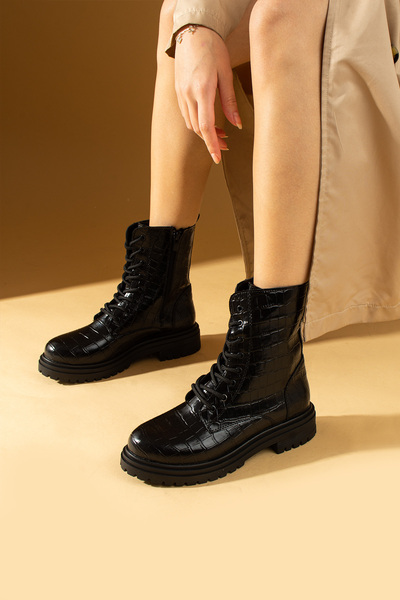 Pembe Potin Kadın Siyah Kroko Fermuarlı Günlük Rahat Kalıp İçi Sıcak Astarlı Bot Postalt