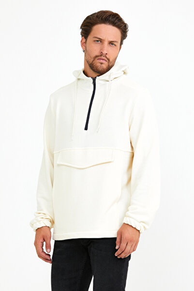 Superlife Men's Hooded Regular Fit Half Zip Thin Sweatshirt with Cargo Pockets Spr22Sw171