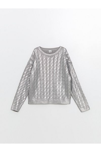 LC Waikiki Lcw Kids Gray Melange Printed Crew Neck Girls' Knitwear Sweater