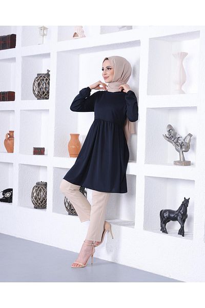 Ecesun Tunic with Elastic Sleeves-Navy-7272