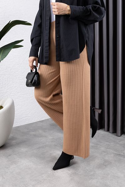 BLUEMOOR Women's Ribbed Wide Leg Elastic Knitwear Trousers
