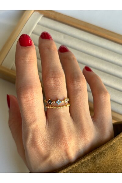 ringbox Mavi Çok Renkli İki Sıralı Yonca Yüzük