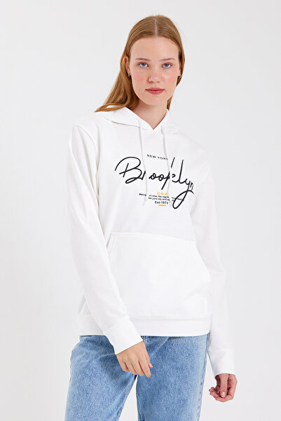 Superlife Süperlife Women's Hooded Regular Fit Handwritten Brooklyn Printed Thin Sweatshirt Spr23Swk361