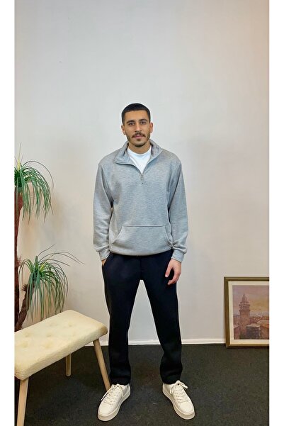 Superlife Ανδρικό φούτερ με μισό φερμουάρ με 3 κλωστές και τσέπη καγκουρό spr24sw22