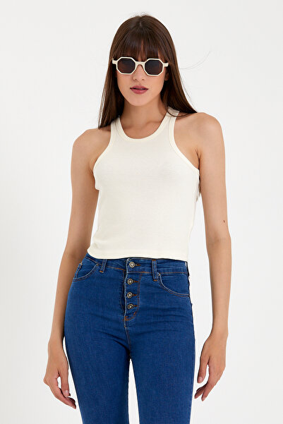 Superlife Süperlife Women's Crop Knitted Back High Collar Tank Top Spr21Y11