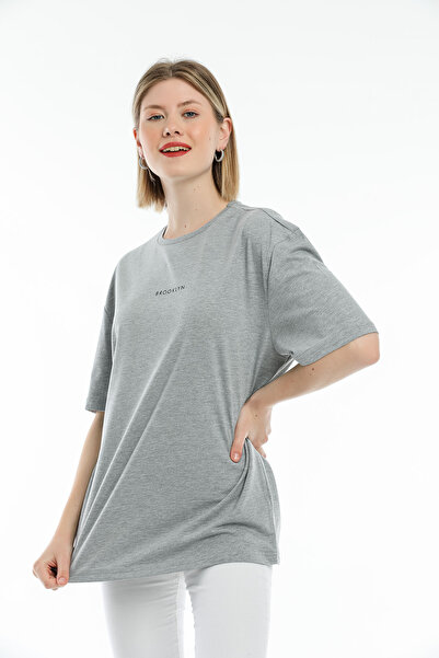 Superlife Γυναικείο μπλουζάκι με στάμπα Brookyln με λαιμόκοψη υπερμέγεθες Spr21yk27