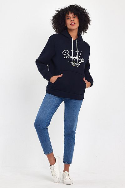 Superlife Γυναικεία κουκούλα Άνετη εφαρμογή Fleece με 3 νήματα Χειρόγραφη μπλούζα με στάμπα Brooklyn spr24swk16