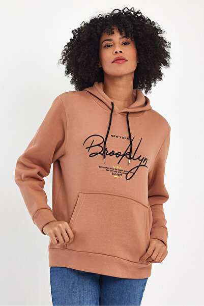 Superlife Women's Hooded Comfortable In-mold Fleece 3 thread Hand Written Brooklyn Printed SweatShirt spr24swk16