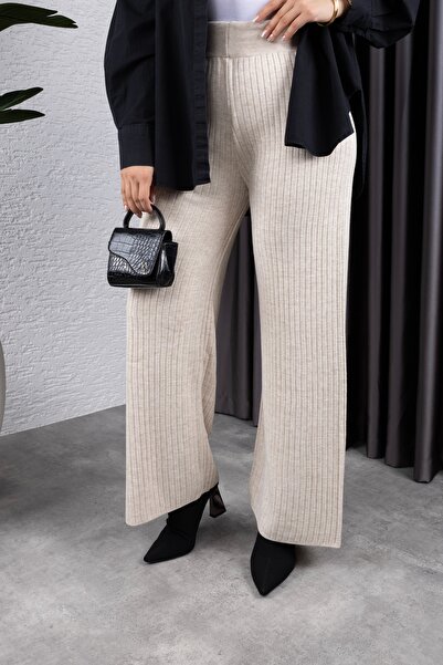 BLUEMOOR Dámské žebrované kalhoty z elastického úpletu se širokými nohavicemi