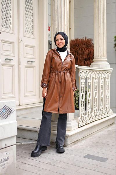 HARMAN BUTİK Women's Leather Short Hooded Trench Coat