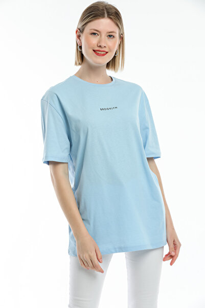 Superlife Γυναικείο μπλουζάκι με στάμπα Brookyln με λαιμόκοψη υπερμέγεθες Spr21yk27