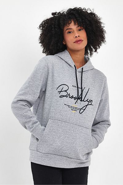 Superlife Γυναικεία κουκούλα Άνετη εφαρμογή Fleece με 3 νήματα Χειρόγραφη μπλούζα με στάμπα Brooklyn spr24swk16