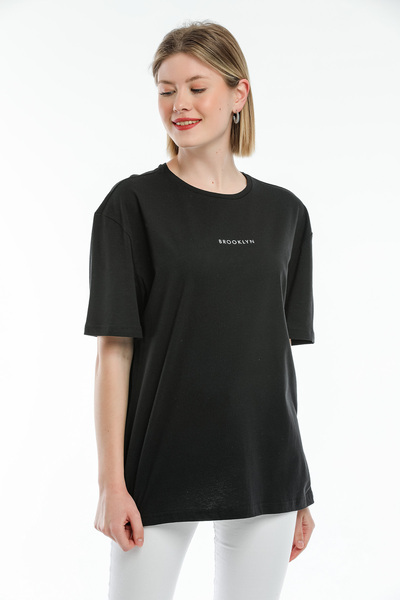 Superlife Women's Crew Neck Oversize Fit Brookyln Printed T-Shirt Spr21yk27