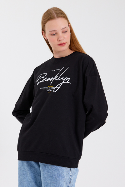 Superlife Süperlife Women's Crew Neck Oversize Fit Hand Written Brooklyn Thin Sweatshirt Spr23Swk331
