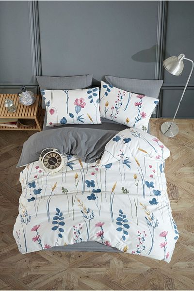 Lorien Flora, Patterned Double, Elastic Sheet, Double Sided Use Duvet Cover Set