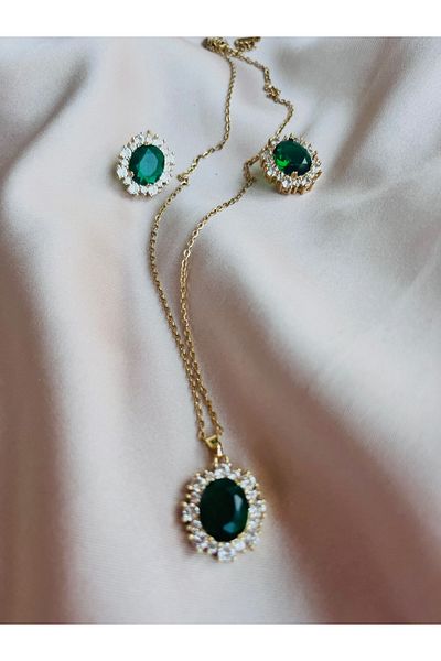 COCOSH TAKI Gold Color Emerald Green Stone Multiple Necklace Earrings Gift Set