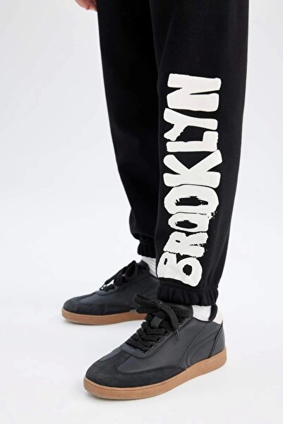 DeFacto D3209 Pantaloni de sport Jogger negri cu talie imprimată și picioare elastice