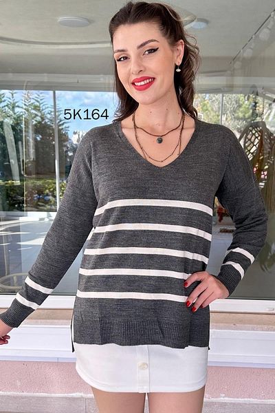 İnce Topuk V-Neck Striped Knitwear Blouse 	 5K164