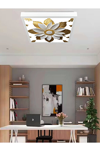 Gökyüzü Panel 3d papatya led avize, salon avize modelleri, 60x60 kare estetik görünüm, 60watt güçlü ışık doğal led