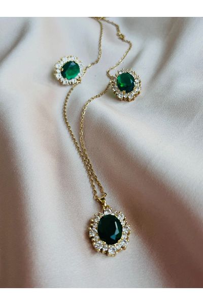 COCOSH TAKI Gold Color Emerald Green Stone Multiple Necklace Earrings Gift Set