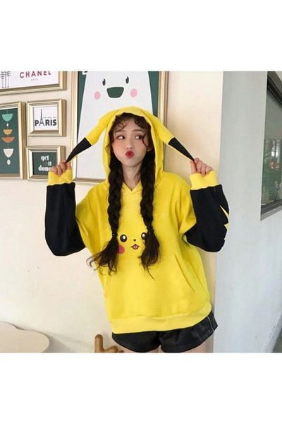 Machetta Hanorac oversize unsiex cu urechi de design galben Pikachu
