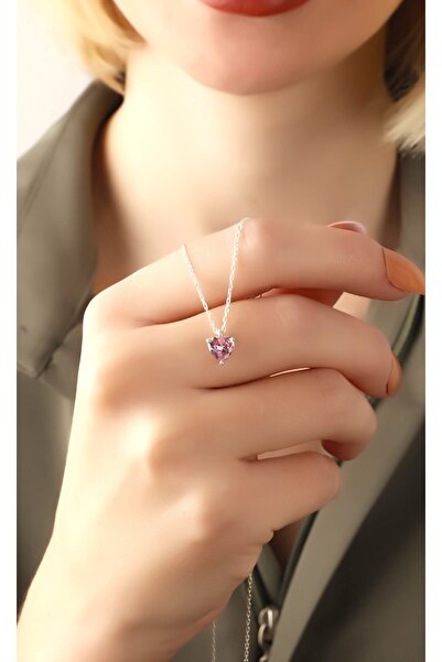 LİNOVE JEWELLERY Gümüş Pembe taşlı Kalp Kolye, 925 ayar gümüş Pembe zarif Kal...