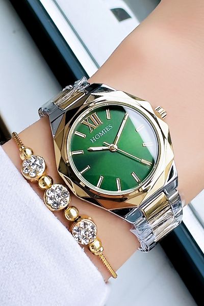 Homies Women's Wristwatch 3 Atm Waterproof Gold-green Color Steel Cord Bracelet Gift Hmby2017c5